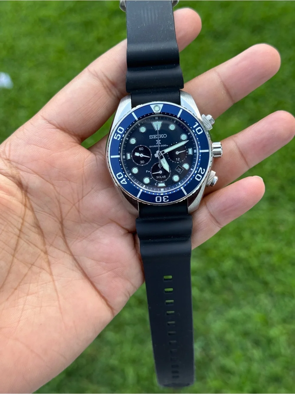 Seiko prospex solar Blue Bezel Black Strap Men's Diver Chronograph Japan Watch